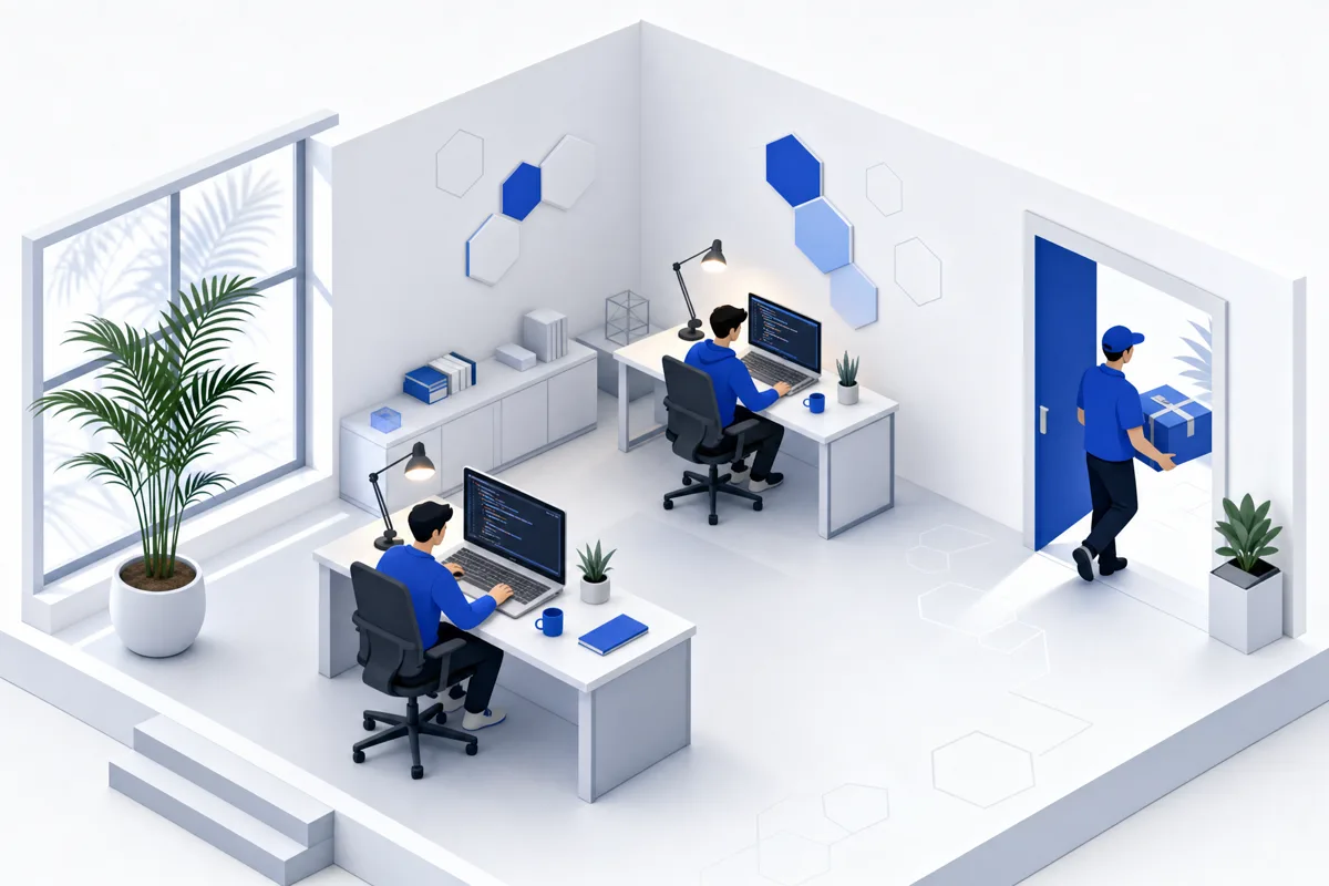 Illustration: a calm software studio with laptops and warm light, quietly shipping a wrapped, unmarked software delivery