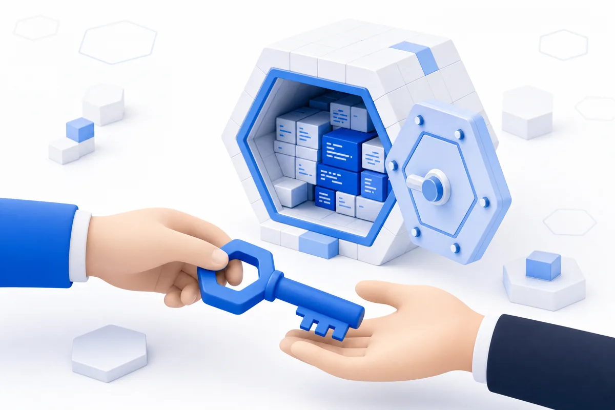 Illustration: an open vault built from code blocks, with a key being handed over