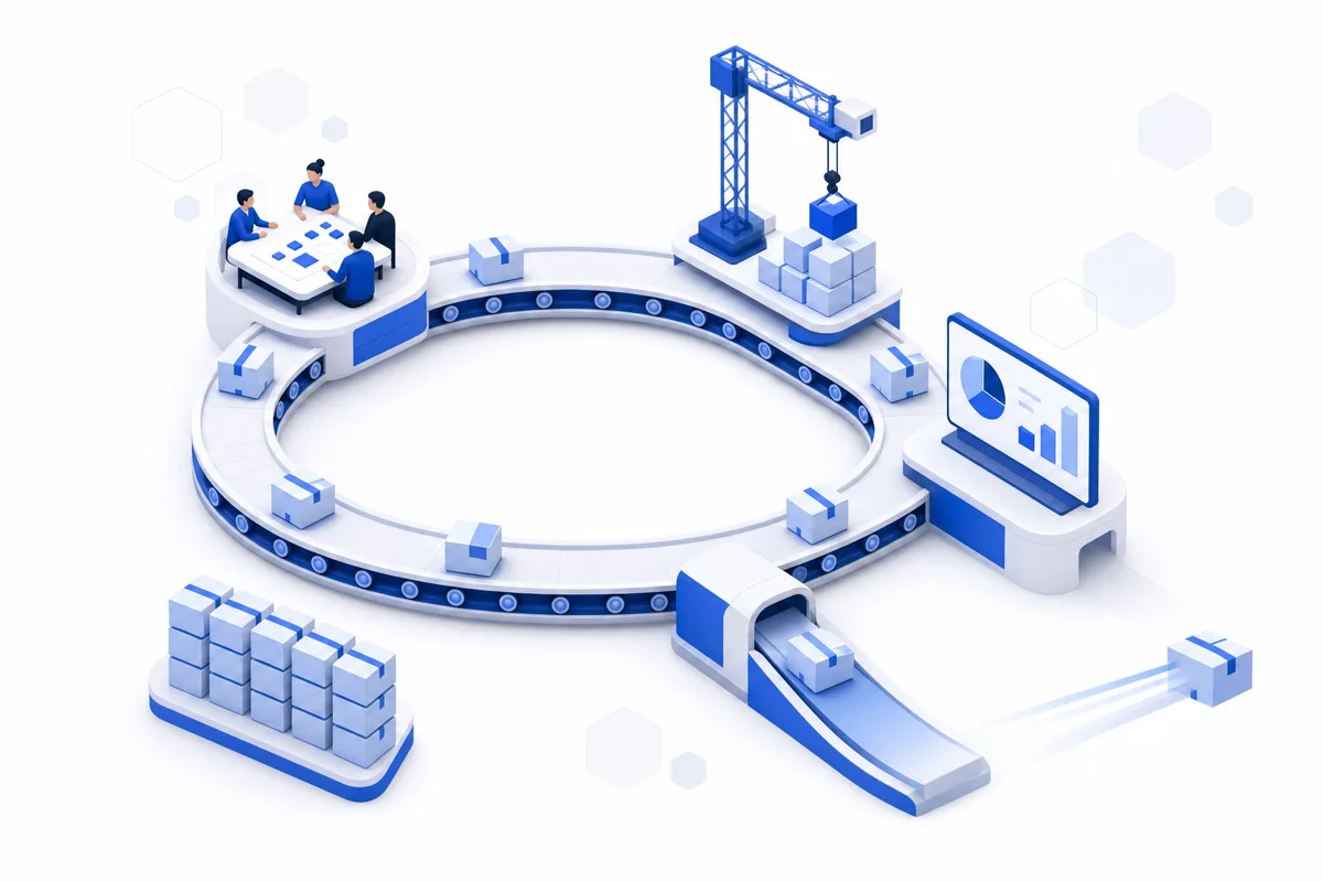 Illustration: a continuous loop of plan, build, demo and ship stations with twelve shipped parcels stacked beside it