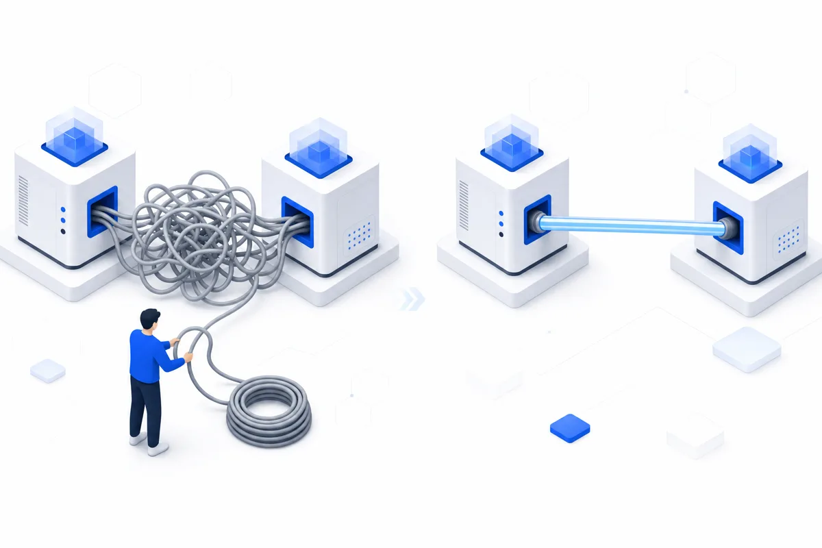 Illustration: tangled cables between two systems replaced by one clean glowing connection
