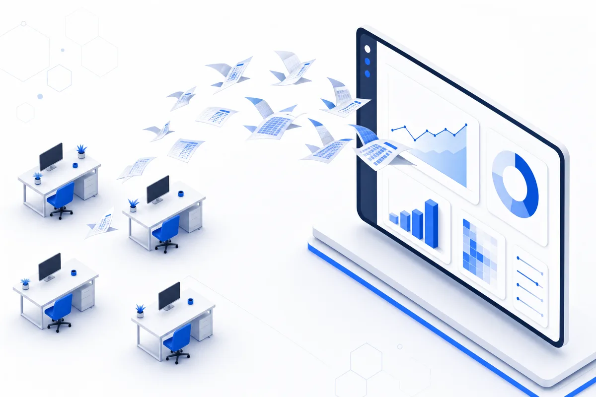 Illustration: paper spreadsheets flying like birds into one clean dashboard screen