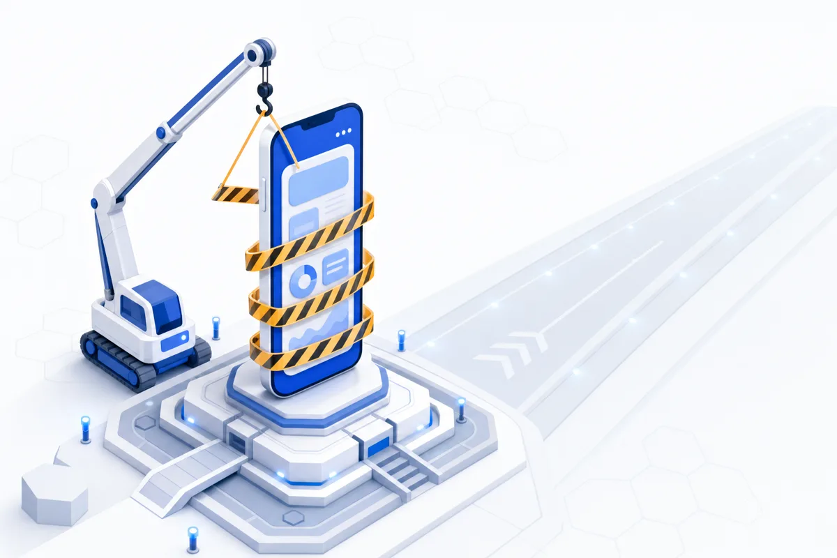 Illustration: a finished app wrapped in caution tape being lifted onto a launch runway